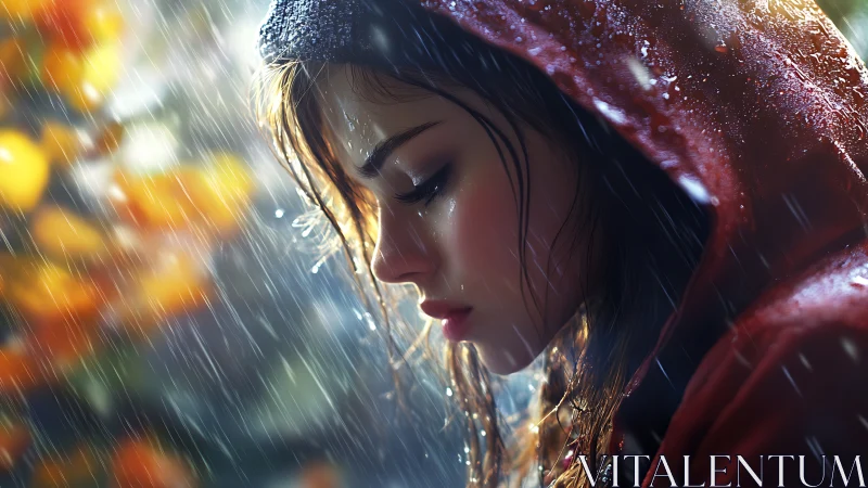 Side profile of hooded figure standing in heavy rainfall