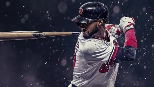 Right-handed baseball batter preparing swing under lights.