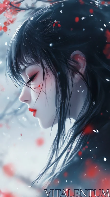 Side profile of pensive girl in red and blue tones.