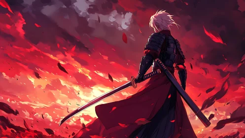 Lone armored swordsman surveys a blazing, blood-red sky