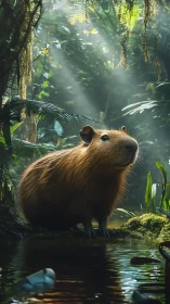 Sunlit capybara oracle pondering by a jungle stream.