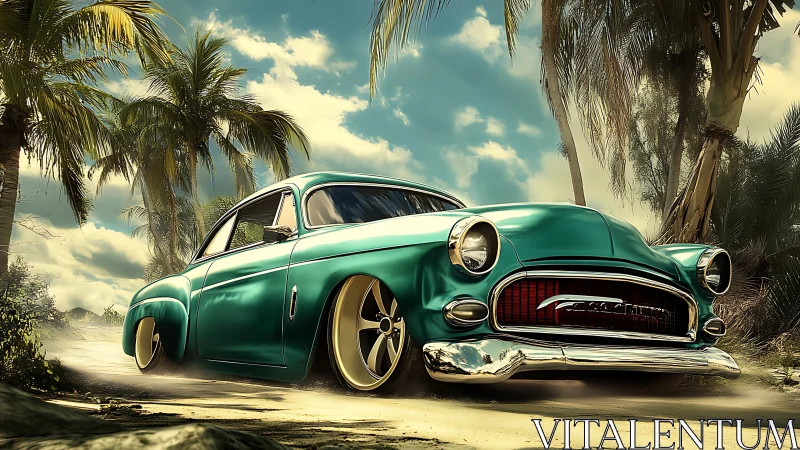 Retro turquoise cruiser prowls a palm-shadowed tropical road