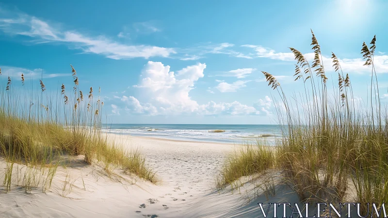 Sunlit coastal sand dunes frame tranquil turquoise shoreline.