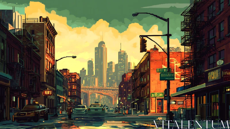 Sunlit pixel city street leads toward glowing urban skyline