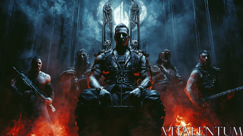 Commanding warlord on infernal throne amid armed legion.