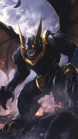 Fierce winged titan strides through firelit volcanic ruins