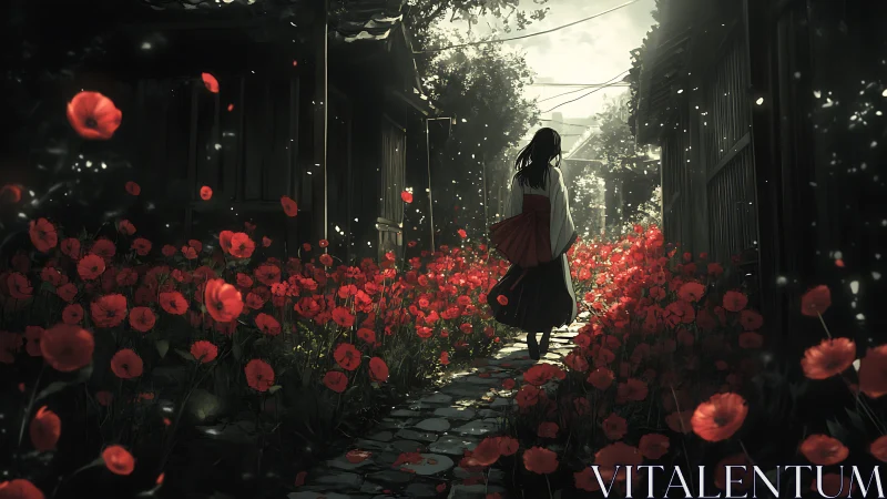 Girl in yukata walking through glowing red poppy alleyway.
