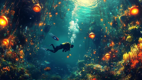 Scuba diver surveys bioluminescent coral cavern in saturated detail