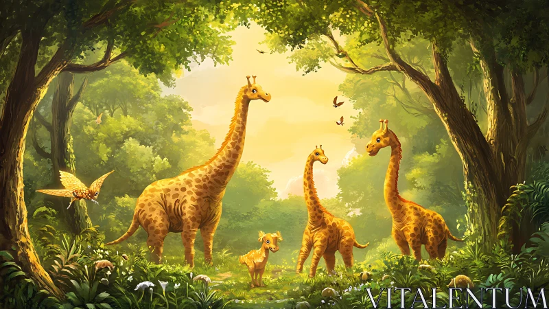 Giraffe family wanders through a glowing enchanted forest.