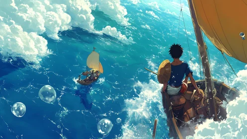 Young sailor gazes over sparkling sea, chasing open horizons.