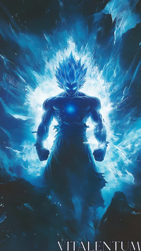 Celestial warrior ignites a blazing blue cosmic aura.
