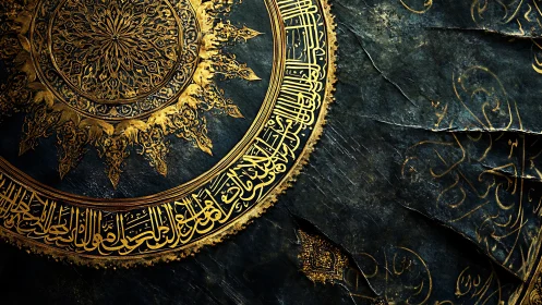 Radiant circular calligraphy on distressed dark canvas.