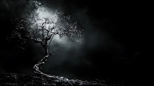 Backlit gnarled tree silhouette in high contrast nocturnal fog