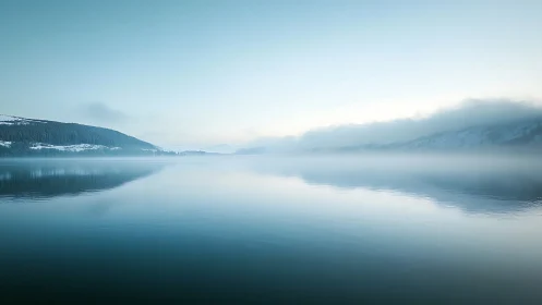 Calm misty lake with distant snow hills and forested shore.