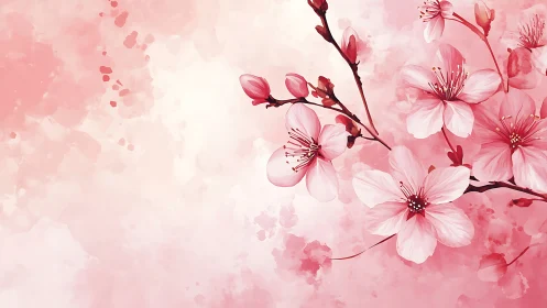 Cherry Blossoms Drift Through Soft Watercolor Wash.