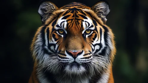 Regal tiger portrait under moody low key studio lighting.