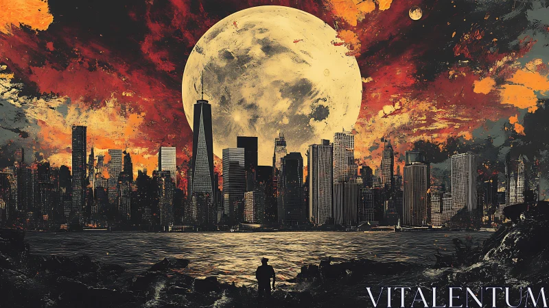 Moody city skyline glowing beneath an enormous rising moon.