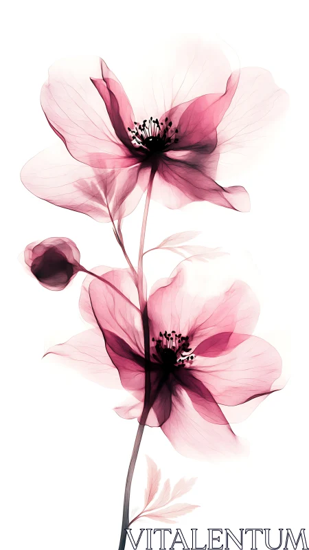 Two Pink Cosmos Flowers With Translucent Petals And Dark Center Stamens
