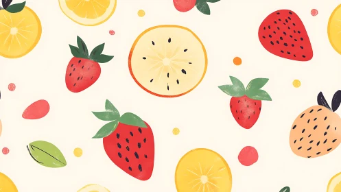 Playful digital painting of scattered citrus and berries pattern.