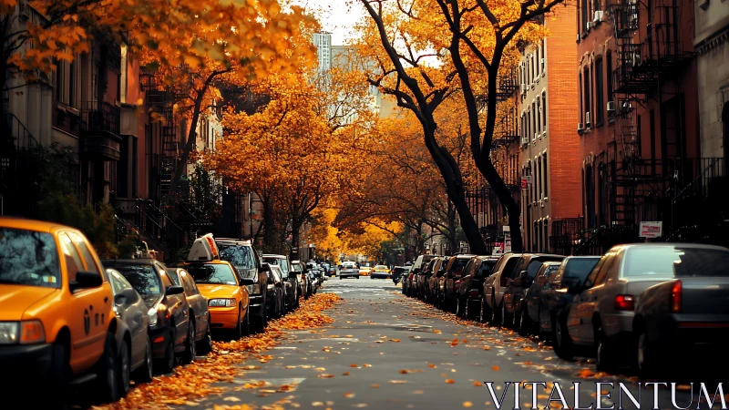 Autumn taxis glide beneath a golden city canopy of leaves.
