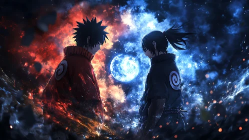 Twin warriors pause in a storm of fire, moonlight and shadow