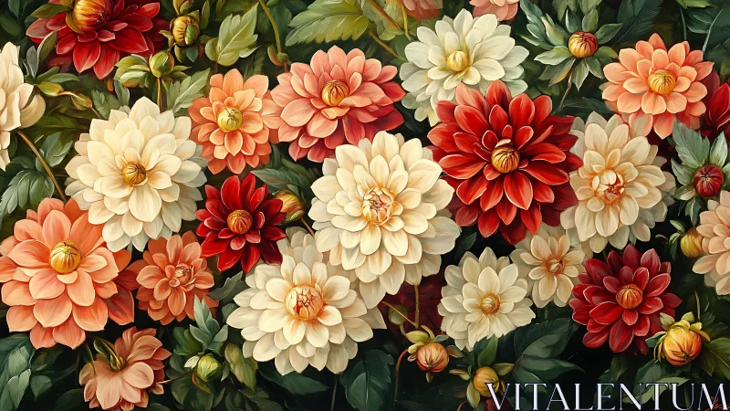 Layered Dahlia Flowers with Warm Color Palette and Dark Green Foliage