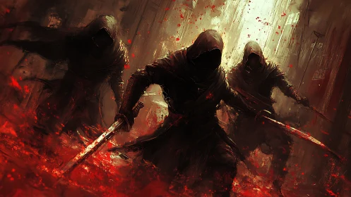 Shadowy warriors surge forward through glowing crimson streets
