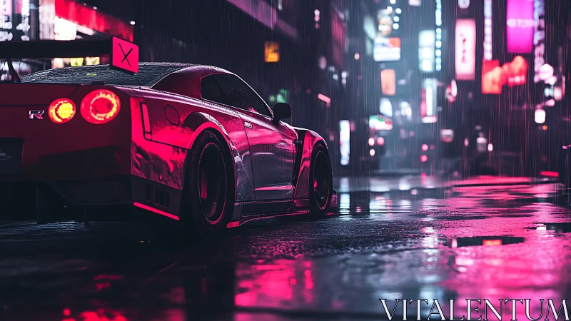 Neon-illuminated GT-R in rain-soaked cyber-urban corridor.