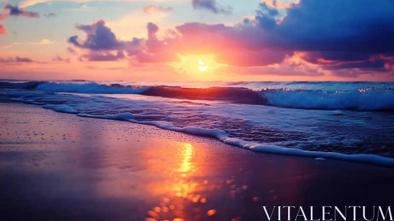 Sunset colors reflect across wet shoreline and gentle surf
