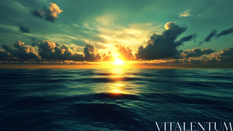 Sun sets over rippled ocean horizon under dense clouds