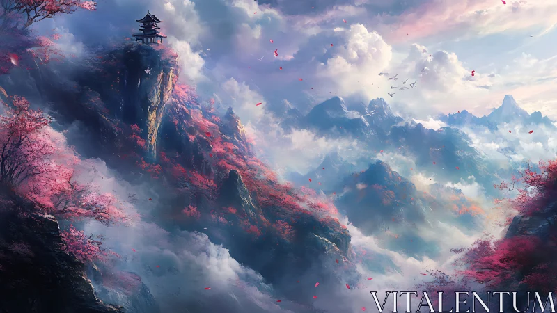 Skybound blossom peaks cradle a lone cliffside temple dream.