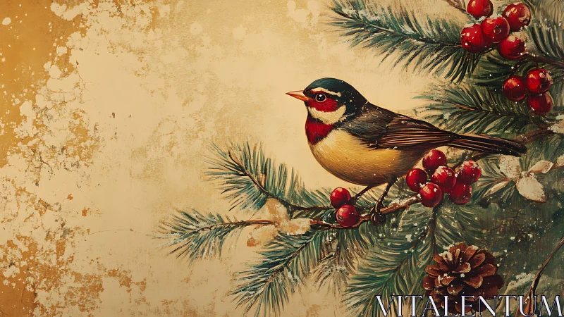 Cozy winter songbird perched among pine and berries.