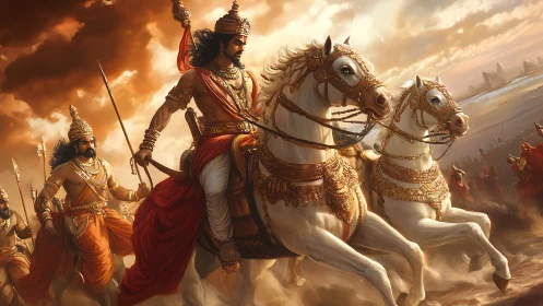 Warrior prince drives chariot of three armored white horses