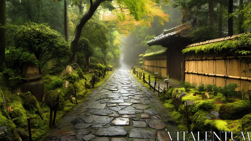 Moss-kissed stone path into a misty Japanese garden hush.