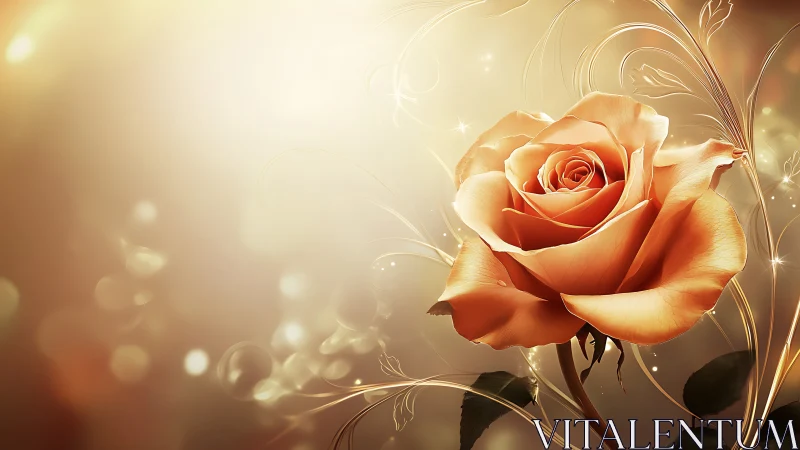 Orange rose with decorative flourishes and light effects against warm gradient background.