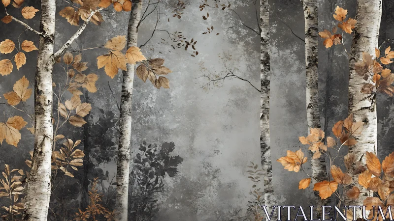 Autumn Birch Forest Scene in Moody Watercolor Style.
