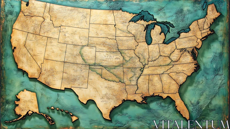 Textured vintage map of the United States wall artwork.