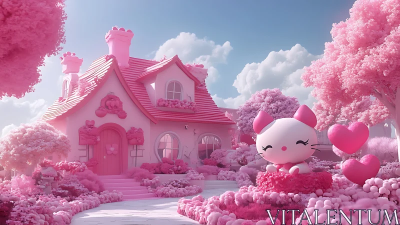 Monochrome pink cottage with kawaii feline landscape rendering.