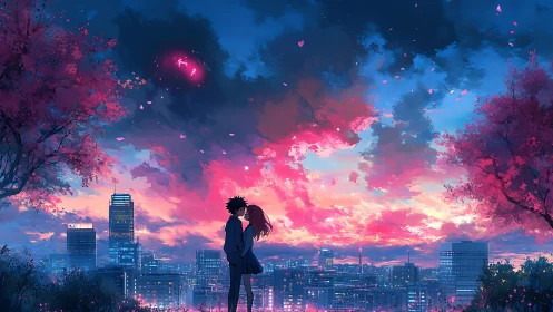 Sunset city skyline with anime couple under pink clouds.