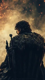 Solitary warrior broods on a dark throne amid drifting embers