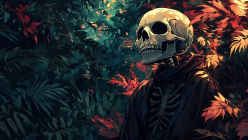Skeletal wanderer stands in vivid autumn forest twilight.