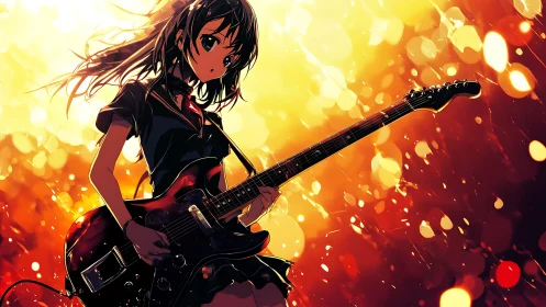 Anime guitarist silhouette under blazing concert lights.
