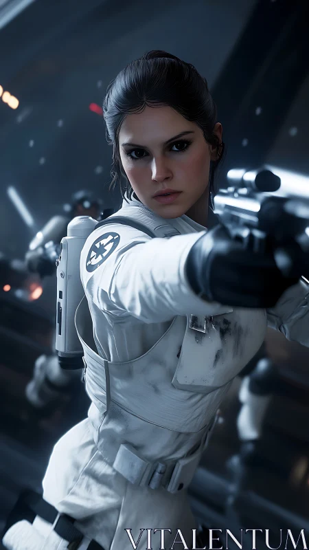 Imperial officer aiming blaster in corridor environment.