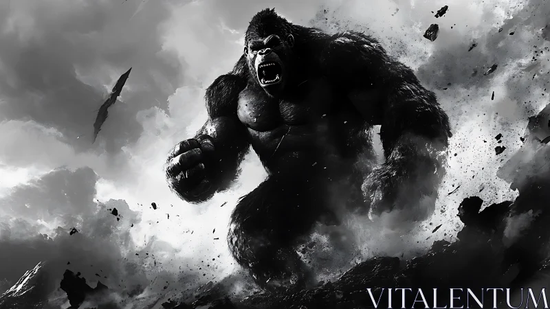 Colossal gorilla storms through shattered, smoke filled battlefield