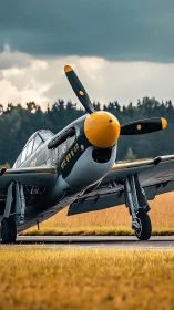 Vintage warbird on runway under dramatic storm clouds.