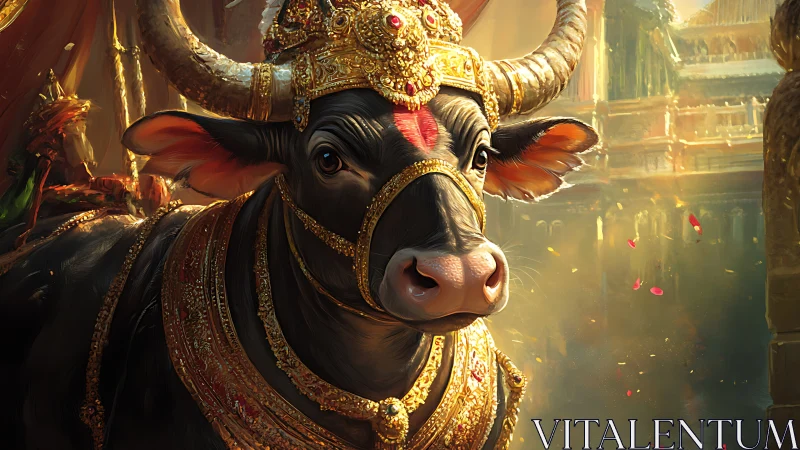Ceremonial bull in ornate golden harness and temple setting.