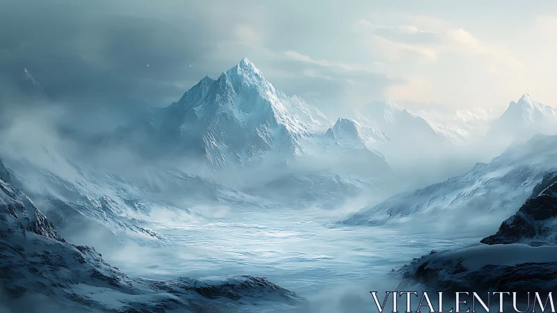 Frozen mountain range under pale winter light.