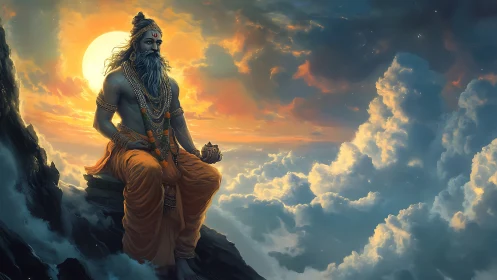 Mountain sage resting in golden clouds at quiet sunrise.