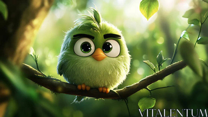Adorable Fluffy Green Cartoon Bird on Forest Branch, Digital Art.