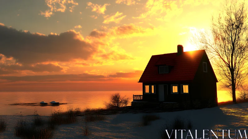 Lakeside cottage silhouette at vivid orange winter sunset.